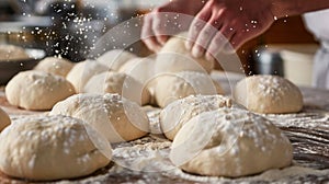 A person sprinkling flour on dough balls in a bowl, AI