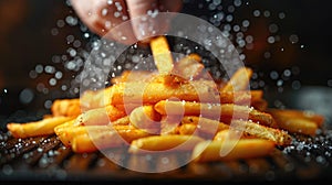 Person sprinkling salt on deepfried french fries, a popular fast food dish