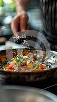 A person sprinkling seasoning on a dish of food in the pan, AI