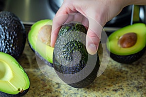 person squeezing an avocado to check for ripeness