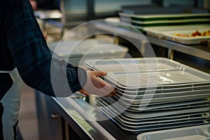 person stacking trays in canteen selfservice area photo