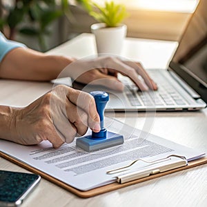 Person stamping document while typing on laptop