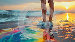 A person standing on a beach with colorful paint splattered all over the sand, AI