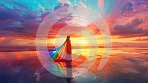 A person standing on a beach at sunset, with the sky painted in rainbow colors and dressed in flowing rainbowcore. photo