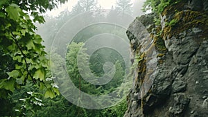 A person standing on a cliff overlooks a dense forest below, A rock climber ascending a daunting cliff, deep in a verdant forest