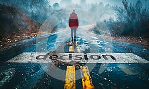 Person standing at a crossroad with decision written on the ground, metaphorically facing a crucial choice on their lifes path