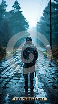 Person standing at a crossroad with decision written on the ground, metaphorically facing a crucial choice on their lifes path