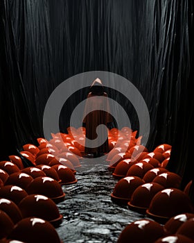 A person standing in a dark room with many red helmets