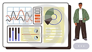 Man Presenting Data with Graphs, Charts, and Analytics on a Dashboard Interface