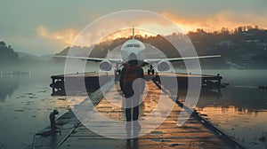 Person Standing on Dock With Plane in Background