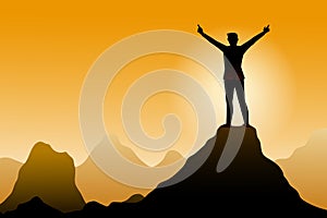 A person standing on the edge of a mountain feels victorious with arms up in the air, success, life goals, success concept