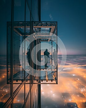 Person enjoying the beautiful view of the city on a balcony with glass walls in a tall skyscraper