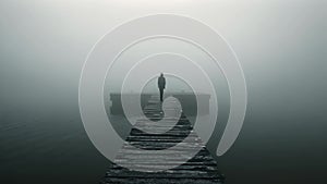 Person Standing on Foggy Dock at Sunrise, An eerie apparition standing at the end of a foggy pier, AI Generated