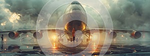 Person standing in front of big commercial aircraft on airport runway, in evening with moody sky.