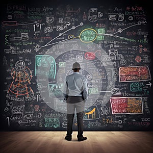 Person Standing in Front of Chalkboard Filled with Financial Formulas and Equations for Representing the Idea of