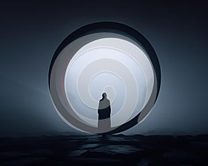 a person standing in front of a circular hole in the fog