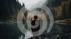 A person standing in front of a lake with a dense forest, Generative AI photo