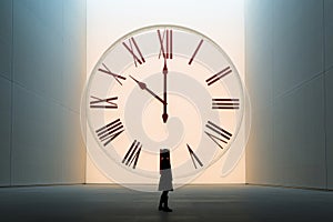 a person standing in front of a large clock