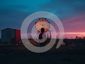 a person standing in front of a large clock