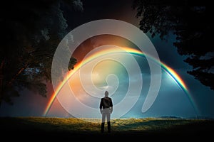 Person standing in front of a rainbow, representing hope and the possibility. Generative AI