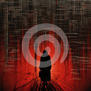 a person standing in front of a red and black background