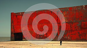 A person standing in front of a red building on the beach, AI