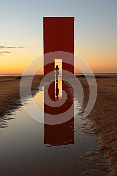 A person standing in front of a red structure. Generative AI image.