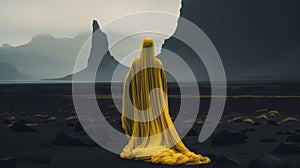 a person standing in front of rocks and mountains in a yellow cape