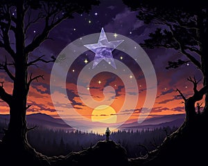 a person standing in front of a star in the sky at sunset