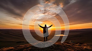 A person standing in front of sunset on the mountain generative AI