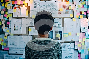 person standing in front of a wall covered in sticky notes, organizing ideas