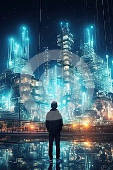 person standing by futuristic power plant station at night