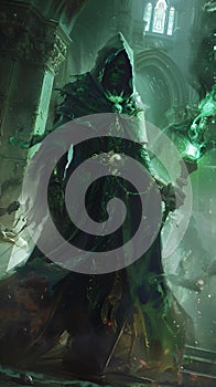 the person standing in a green cloak holding a scythe