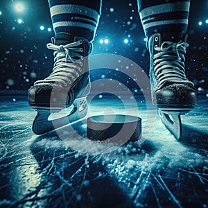 A person is standing on ice skates with a hockey puck in front of them