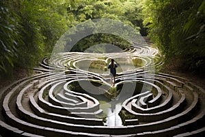 A person standing in the middle of a maze, searching for the exit, A heart-shaped labyrinth symbolizing the journey of love, AI