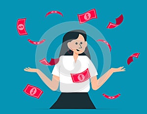 Person standing money rain. Freedom ando Banknote vector concept