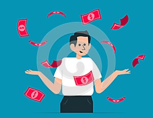 Person standing money rain. Freedom and Banknote vector concept