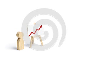 A person is standing near a chart with a red up arrow. Financial success and achievement. Business report and idea. Summarizing. photo