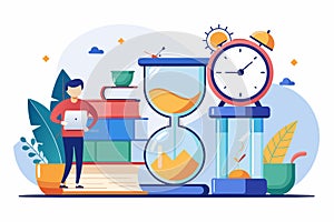 Person Standing Next to Pile of Books and Clock, Work deadline, time management concept, Simple and minimalist flat Vector