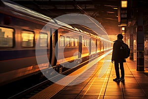 A person is standing on a platform waiting for a train