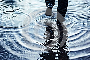 Person Standing in Puddle of Water