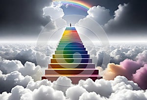 a person standing on a rainbow ladder in the sky