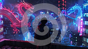 A person standing on a rooftop looking out at a cityscape illuminated by neon lights and holographic dragons.