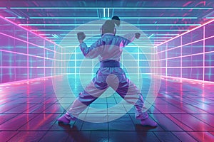 A person standing in a room illuminated by vibrant neon lights, A retro-futuristic interpretation of Ju Jitsu moves in a sci-fi photo