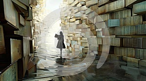 Person Standing in Room With Stacks of Books