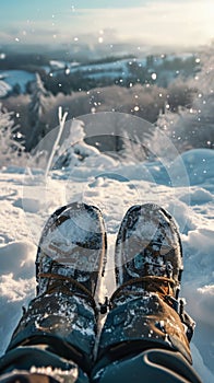 Person Standing in Snow, Feet Up, Cold Winter Weather Concept