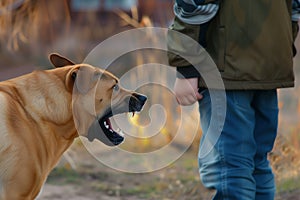 person standing still facing an advancing snarling dog