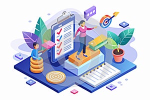 A person is standing on top of a clipboard next to a pile of books, Personal goals checklist Customizable Isometric Illustration