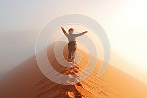 Person standing on top of dune in desert and looking at rising sun in mist with hands up, travel in Africa