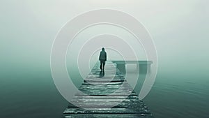 A person stands alone on a dock, surrounded by fog, An eerie apparition standing at the end of a foggy pier, AI Generated